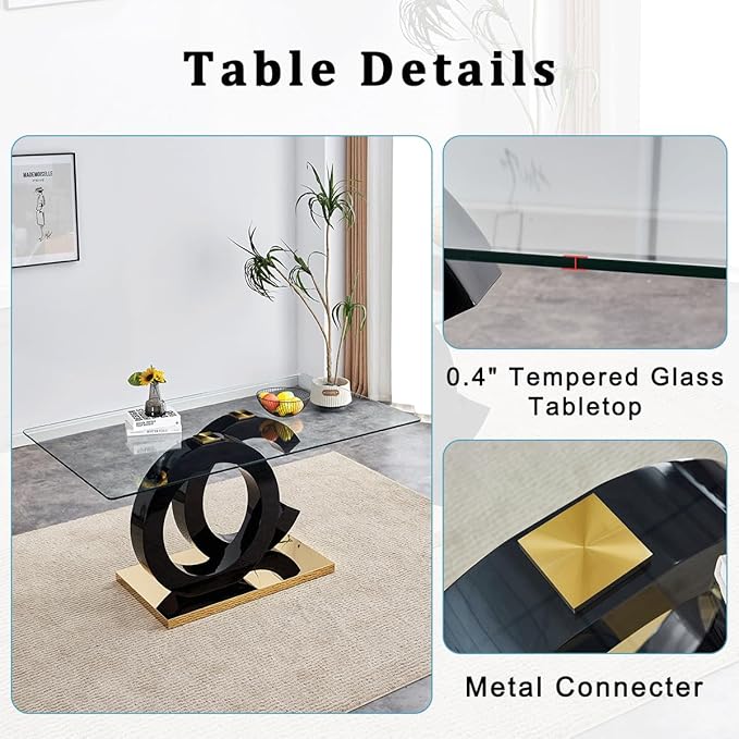 gopop 63'' Glass Dining Table, Modern Kitchen Table, Clear Glass Dining Table with Black Unique Design Leg and Gold Metal Base.(Only Table)