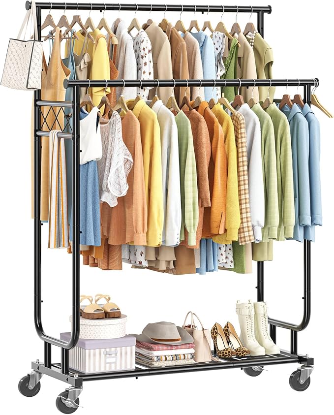 Clothes Rack Heavy Duty Load 450 LBS, 44 Inch Double Rod Rolling Clothing Rack for Hanging Clothes, Metal Garment Rack with Shelves, Wardrobe Rack Portable Closet, Black