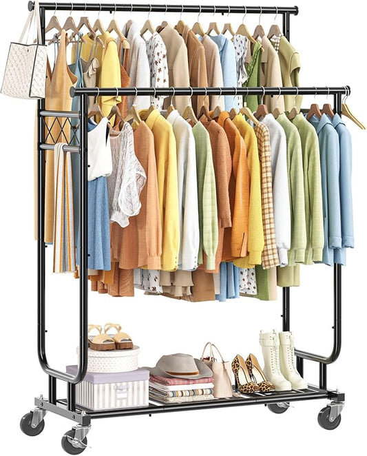 Clothes Rack Heavy Duty Load 450 LBS, 44 Inch Double Rod Rolling Clothing Rack for Hanging Clothes, Metal Garment Rack with Shelves, Wardrobe Rack Portable Closet, Black