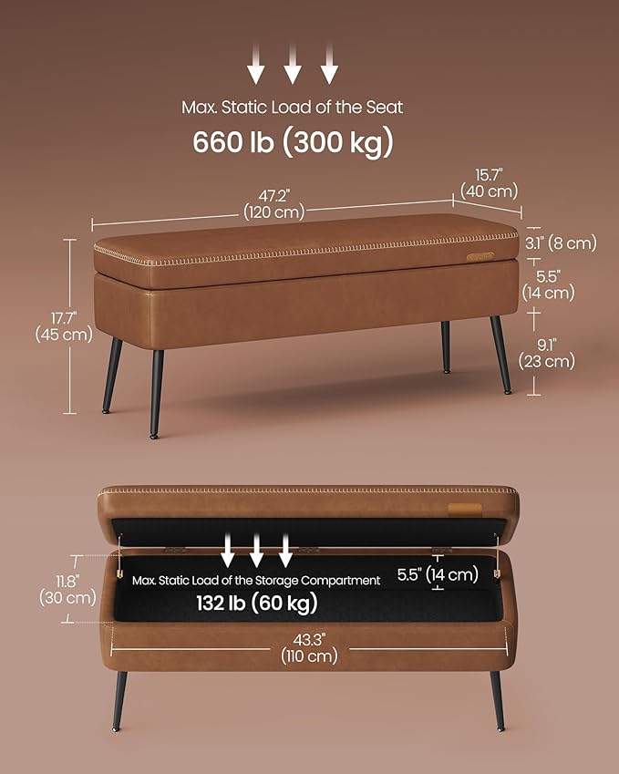 VASAGLE EKHO Collection - Storage Ottoman Bench, Entryway Bedroom Bench, 15 Gallons, Synthetic Leather with Stitching, Mid-Century Modern, Safety Hinges, Loads 660 lb, Caramel Brown ULOM074K01