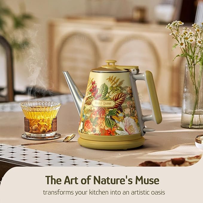 Hazel Quinn Retro X Eduardo Recife Collaboration Electric Kettle- 1 Litres / 34 Ounces Retro Small Tea Kettle, Double Wall, 304 Stainless Steel, 800W Fast Boiling, Cordless, BPA-Free, Auto Shut-Off