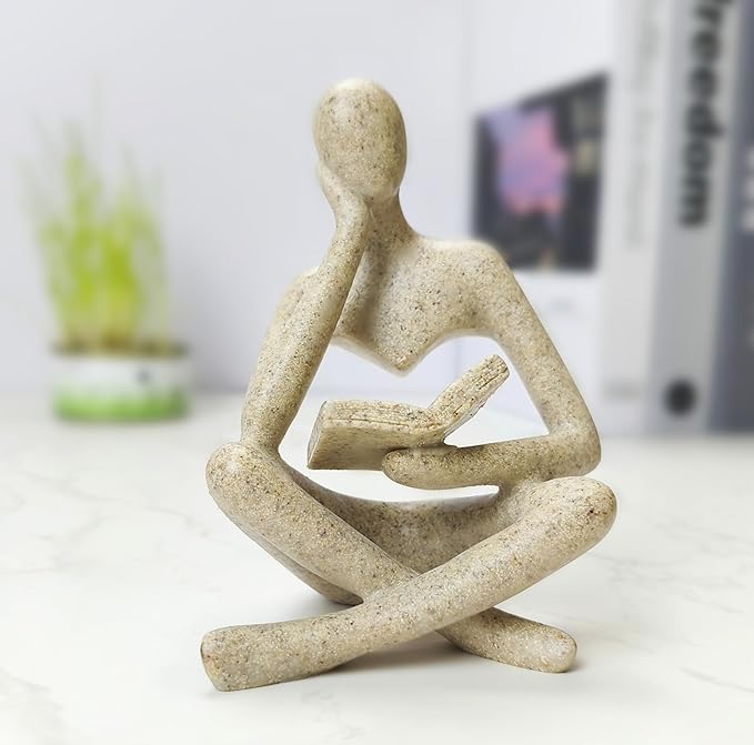 Reading Sculpture Thinker Statue 4.5”- Modern Abstract Art Figurine for Bookshelf & Coffee Table Decor, Aesthetic Home Accents for Living Room, Office Shelves, Desks, and Knick Knack Displays (Grey)