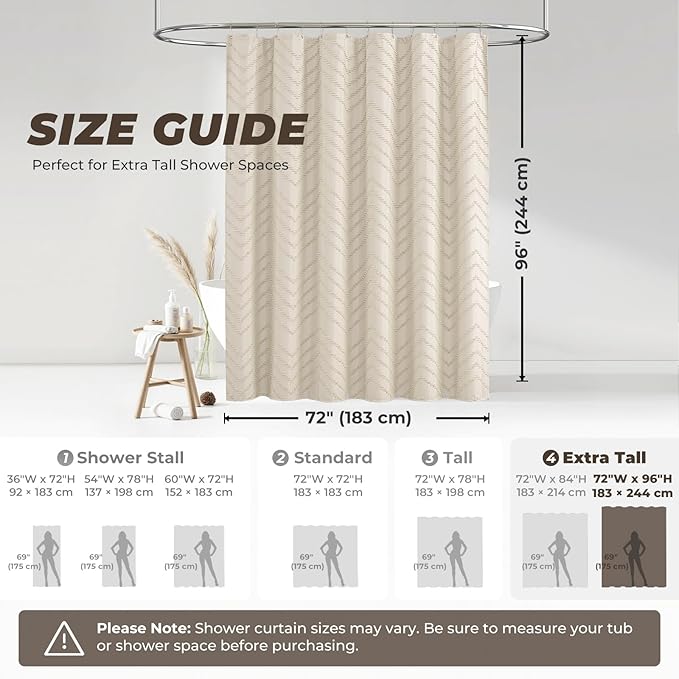 96inch Extra Long Beige Shower Curtain Modern Farmhouse Shower Curtain Bohemian Chic Tufted Chevron Textured Striped Minimalist Shower Curtains Woven Fabric Cute Beige Shower Curtains