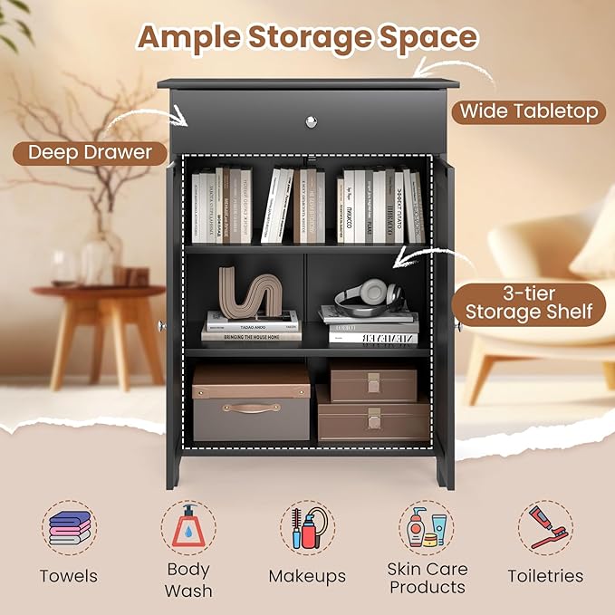 Giantex Storage Cabinet, Freestanding Bathroom Cabinet with 2 Doors, 1 Drawer, 3-Level Adjustable Shelf, Modern Wooden Storage Organizer for Laundry Room, Entryway, Living Room (Black)