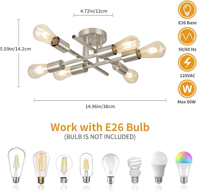 WILON Semi Flush Mount Ceiling Light Fixture, Modern Flush Mount Ceiling Lights, 6-Light Brushed Nickel Sputnik Ceiling Light Fixture with E26 Bulb Base for Hallway Farmhouse Kitchen Bedroom