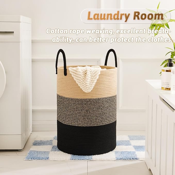 Laundry Basket,Woven Cotton Rope Laundry Hamper,100L for Decorative Storage of Dirty Clothes,Toys and Blankets in Bathroom,Bedroom and Living Room