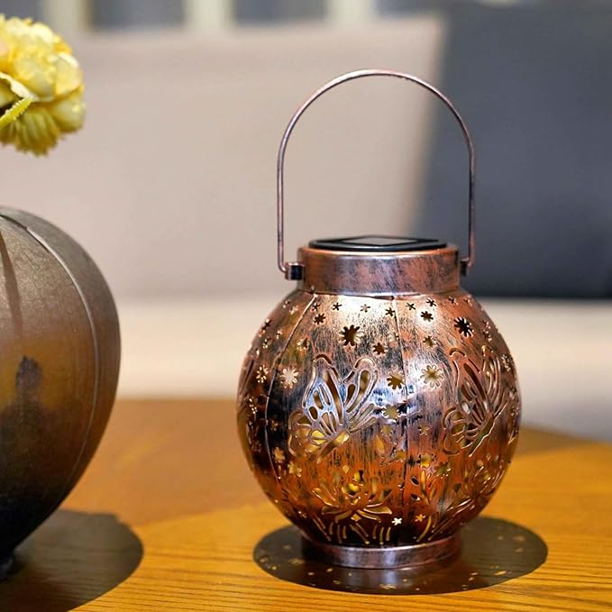Outdoor Solar Hanging Lantern Lights Metal LED Decorative Lamp for Garden Patio Courtyard Lawn and Table with Hollowed-Out Design (Bronze Butterfly)