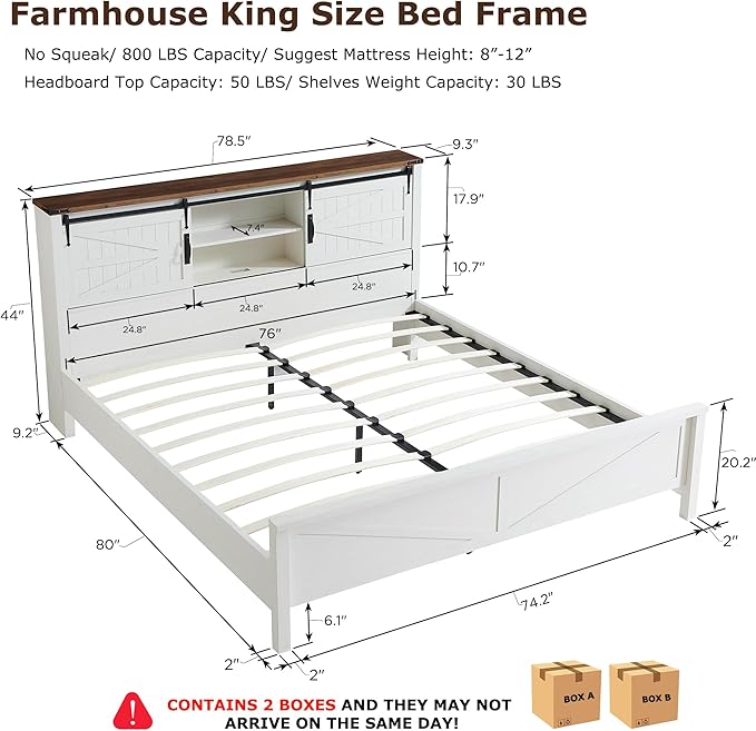 T4TREAM Farmhouse King Size Bed Frame w/Storage Bookcase Headboard, Sliding Barn Door, Charging Station, Rustic Wood Platform Bed w/Wood Slats Support, No Box Spring Needed, Antique White