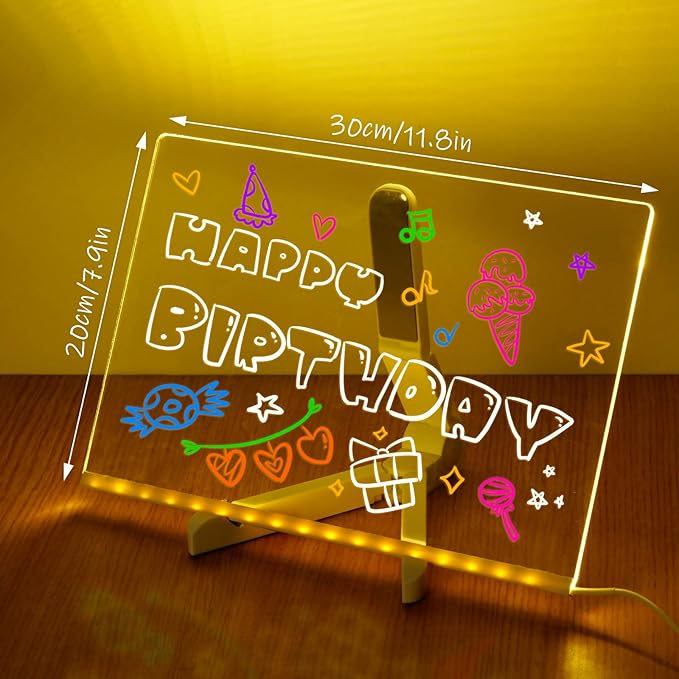 LED Note Board with Colors 11.8 X 7.9”, Acrylic Dry Erase Board with Light, Led Drawing Writing Board for Kids with 7 Marker Pen, Light up Message Board with Stand, Glow Rewritable Memo Board Write On