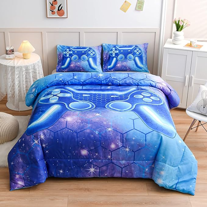 NTBED Game Console Comforter Set for Boys Girls Kids 3D Gaming Geometric Lightweight Microfiber Bedding Sets (Blue Purple, Twin)