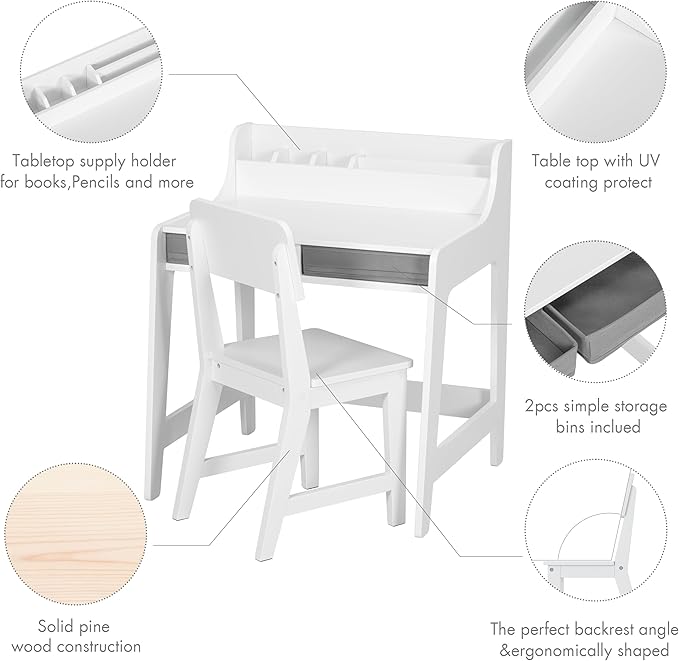 UTEX Kids Desk and Chair Set, Study Desk for Kids with Storage Bins, Wooden Children Study Table, Student Writing Desk for Bedroom & Study Room