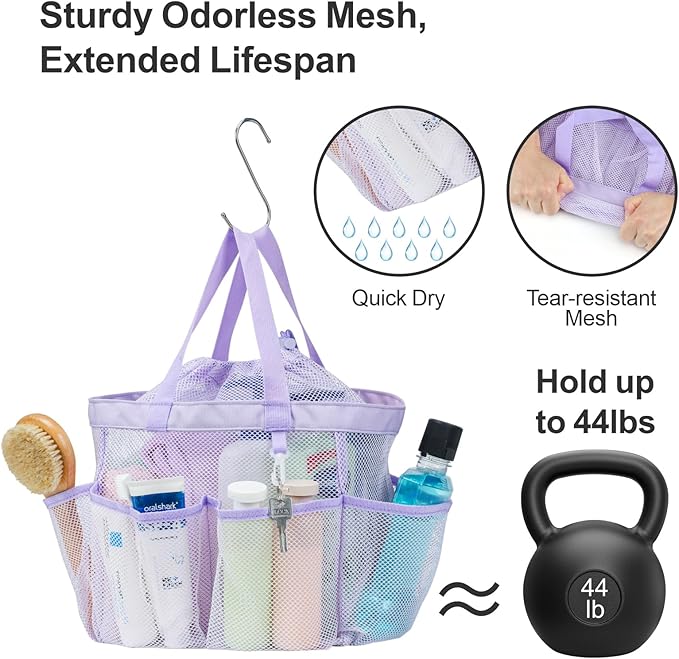 F-color Mesh Shower Caddy Portable with Drawstring - Upgrade Deeper 7 Pockets Dorm Room Essentials for Guys Girls with S Hook, Shower Bag Basket Tote for College Camping Bathroom, 2 Pack Purple & Pink