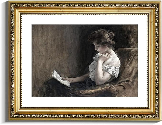 VIYYIEA Gold Framed Wall Art Canvas Print Home Decor Portrait Art Woman Sitting Reading Vintage Art Room Aesthetic Mid Century Lady Elegant Print Farmhouse Oil Painting Wall Decor for Bedroom 11x14in
