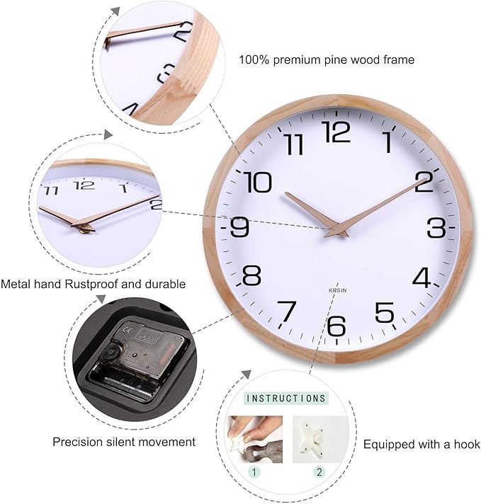 Kesin 12 Inches Wooden Round Silent Wall Clock White Wood Wall Clocks Analog Digital Battery Operated Non Ticking for Living Room Kitchen Bedroom Office Vintage Home Decor