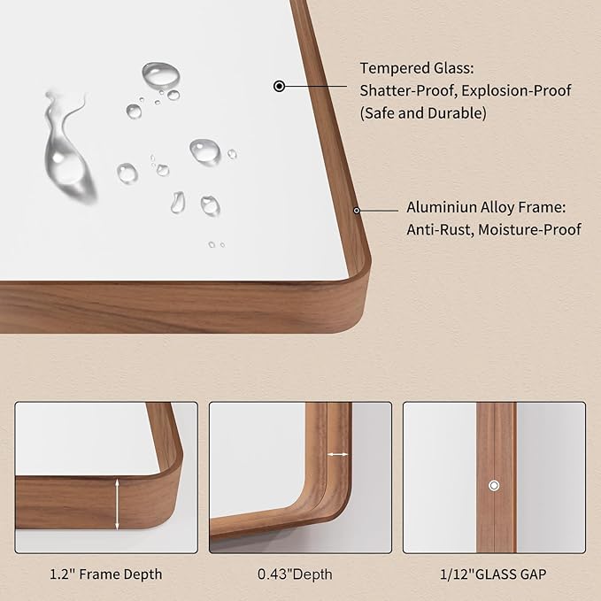 LOAAO 72X40 Inch Bathroom Mirror with Wood Grain Colored Metal Frame, Rounded Rectangle Metal Framed Bathroom Mirror, Anti-Rust, Hangs Horizontally or Vertically, Tempered Glass