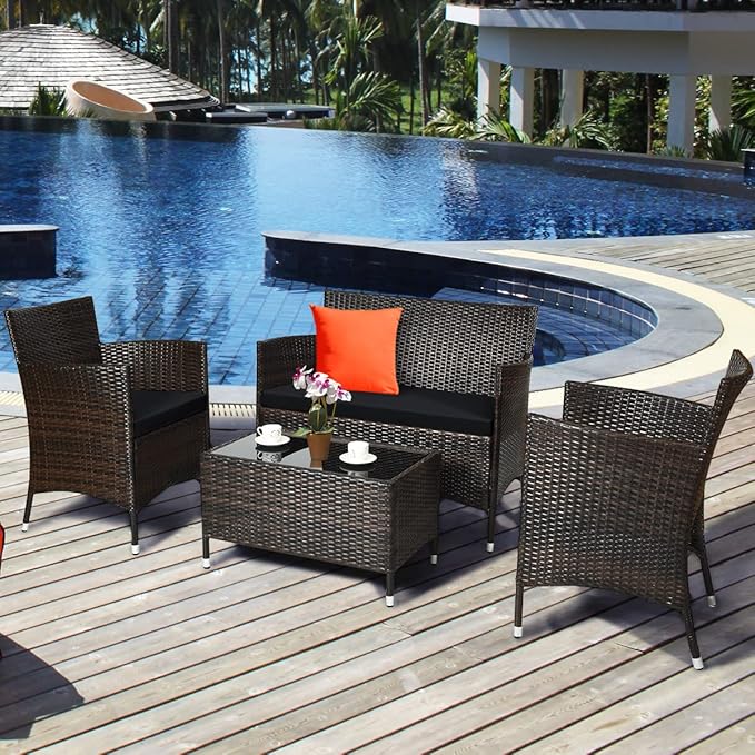 Tangkula 4 Pieces Patio Rattan Conversation Set, Outdoor Wicker Furniture with Tempered Glass Coffee Table & Thick Cushion, Rattan Chair Wicker Set for Garden, Lawn, Poolside and Backyard (1, Black)