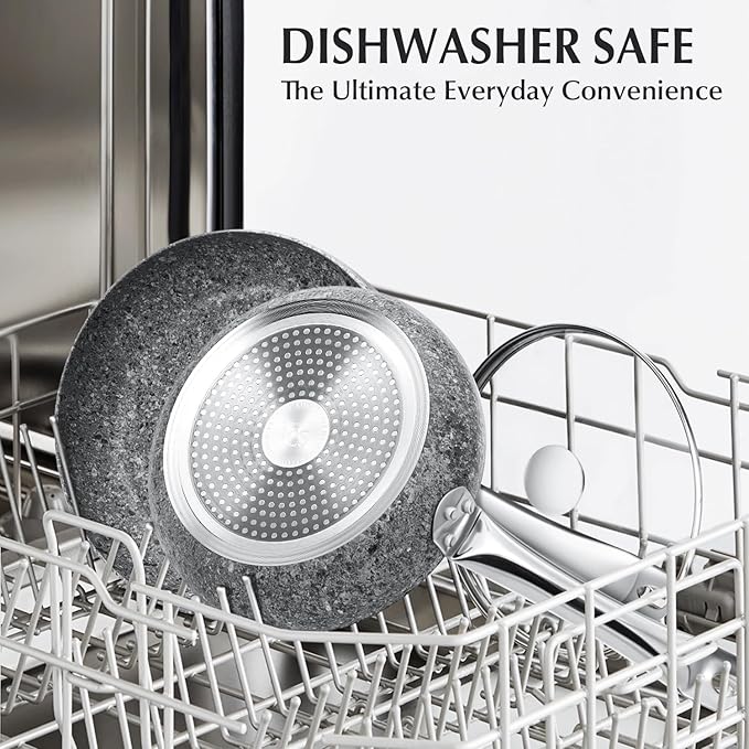 KOCH SYSTEME CS 11" Grey Non stick Granite Stone Frying Pan with Lid, Toxin-free Granite Nonstick Coating Cookware, Ultra Nonstik Skillet with Stainless Steel Handle, Oven Safe&All Stovetop Compatible