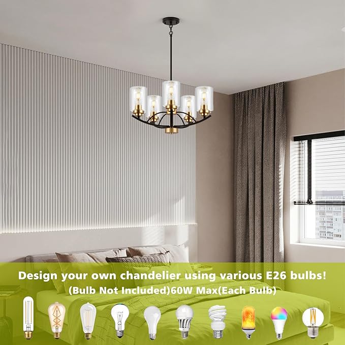 9MMML 5 Lights Glass Chandelier,Wrought Iron Pendant Light Fixtures, Gold+Black Finish Kitchen Island Lighting for Dining&Living Room Foyer Bar