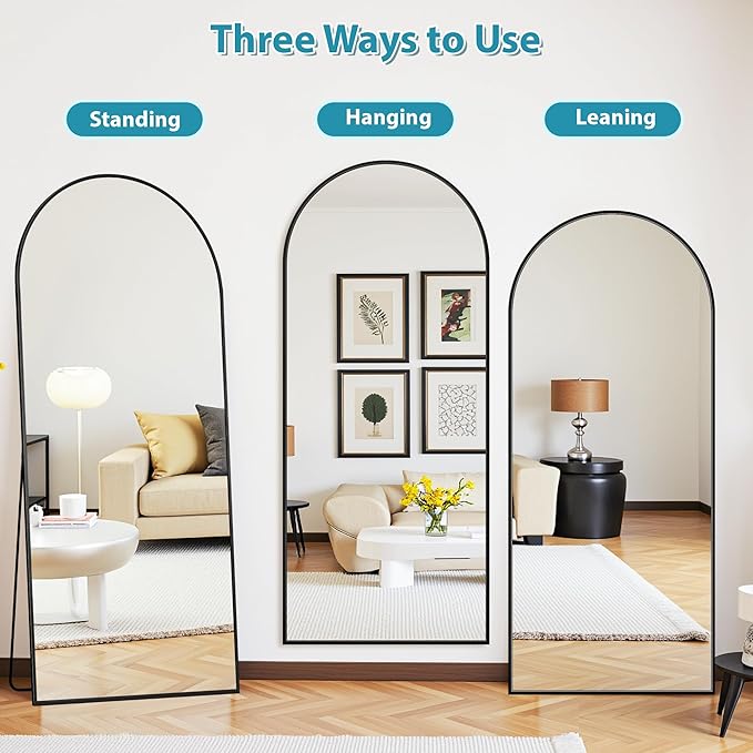 Full Length Mirror, 76"x44" Oversized Floor Mirror Freestanding, Full Body Mirror Floor Standing Mirrors with Stand, Hanging Mounted Mirrors for Bedroom Living Room, Black, Arched Style