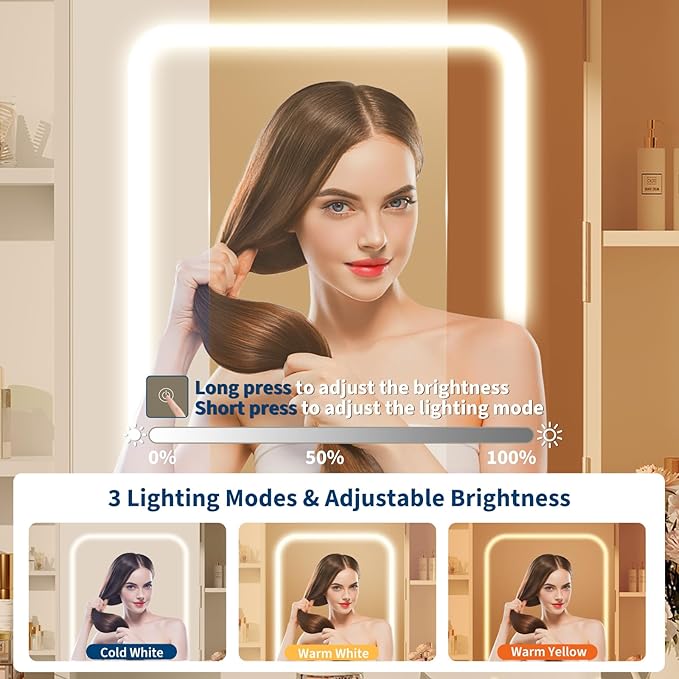 GarveeHome Vanity Desk with Mirror and Lights, for Bedroom, Includes Padded Stool, Easy to Assemble, Storage Drawers, USB Outlets, Hairdryer Holder, Adjustable LED Light with 3 Lighting Modes