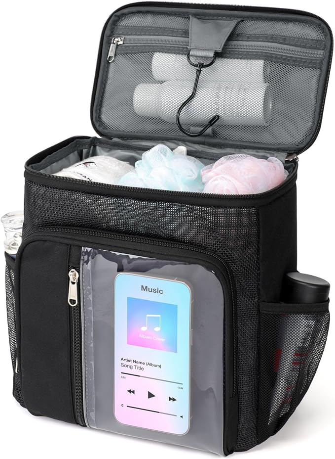 F-color Hanging Shower Caddy Portable - College Dorm Essentials for Guys with Hooks, Quick-Dry Shower Bag for Dorm Travel Gym Camping Essentials, Water-Resistant with Multiple Pockets, Black