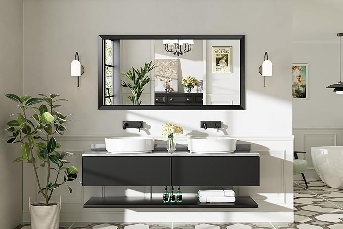 60x28 Inch Black Bathroom Mirror for Wall, Thick Metal Framed Rectangle Mirrors for Over Sink, Bedroom, Living Room, Entryway, Anti-Rust, HD Tempered Glass