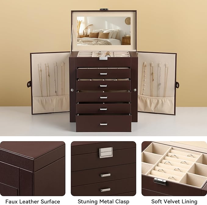 Frebeauty Large Jewelry Box,6-Tier PU Leather Jewelry Organizer,Multi-functional Storage Case with Mirror,Accessories Holder with 5 Drawers for Necklace Bracelets Watches(Dark Brown)