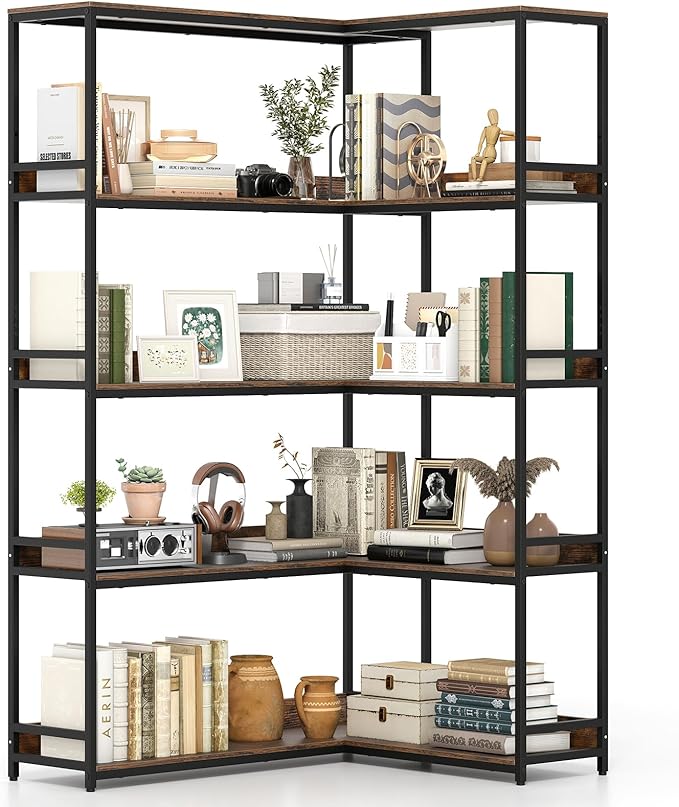 Tangkula Large Corner Bookshelf, 90 Degrees 5-Tier Industrial Wood Open Corner Bookcase for Small Spaces, Heavy-Duty Metal Frame, 71”H L-Shaped Storage Display Rack for Living Room (Rustic Brown)
