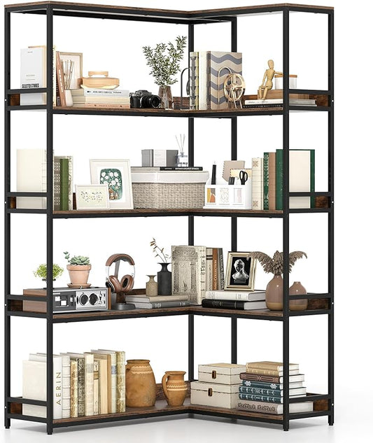 Tangkula Large Corner Bookshelf, 90 Degrees 5-Tier Industrial Wood Open Corner Bookcase for Small Spaces, Heavy-Duty Metal Frame, 71”H L-Shaped Storage Display Rack for Living Room (Rustic Brown)