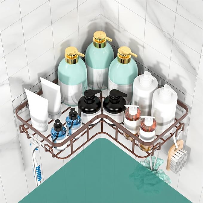 Moforoco Adhesive Corner Shower Caddy, 3 Pack Organizer with Soap Holder and 12 Hooks, Rustproof Shower Shelves for Bathroom, Brown