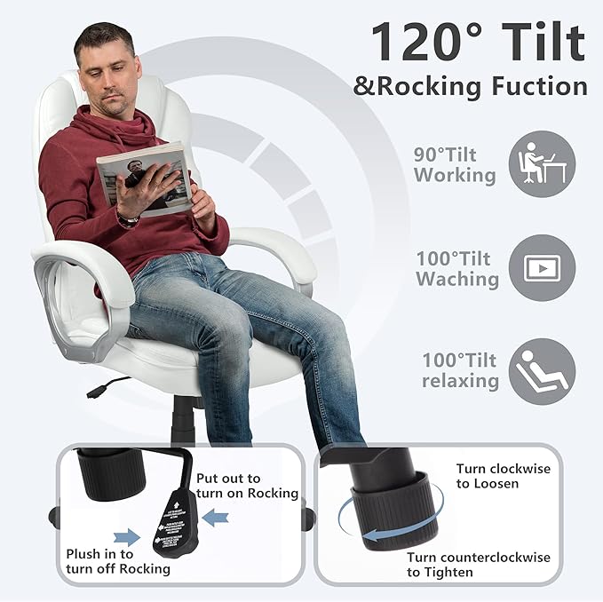 FDW Office Chair Massage Computer Chair High Back Adjustable Desk Chair Rolling Swivel Executive Chair PU Leather with Lumbar Support Arms Headrest Task Chair,White