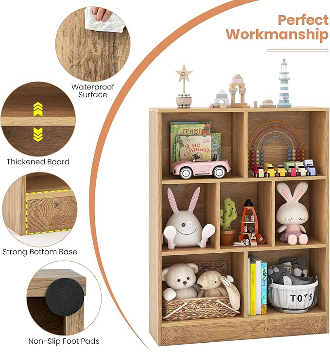 Costzon Wooden Toy Storage Organizer, 7-Cube Kids Bookshelf w/ 2 Anti-Toppling Kits, 3 Tier Open Shelves & Non-Slip Foot Pads, Book Shelf for Kids Rooms, Playroom, Classroom, Nursery (Natural)