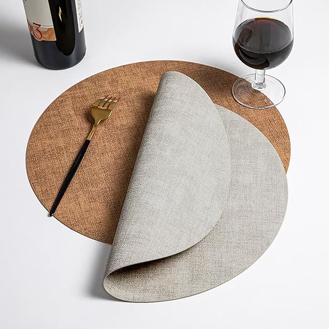 Round Placemats Set of 8, Reversible Faux Leather Waterproof and Heat Resistant Place Mats, Beige Oilproof Wipeable Washable Table Protective Placemats for Indoor & Outdoor