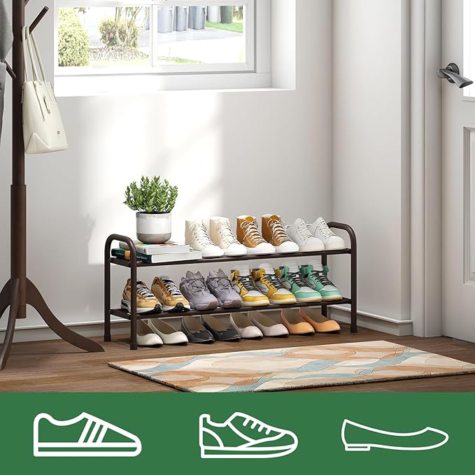 Expandable Shoe Rack, 2-Tier Shoe Shelf for Closet, Adjustable Length Shoe Shelf Storage Organizer, Standing Shoe Rack for Entryway