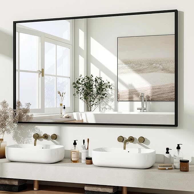 HARRITPURE 48"x30" Framed Bathroom Mirror for Wall Rectangle Mirror Aluminum Alloy Frame Wall-Mounted for Farmhouse Entryway Bedroom Living Room Black
