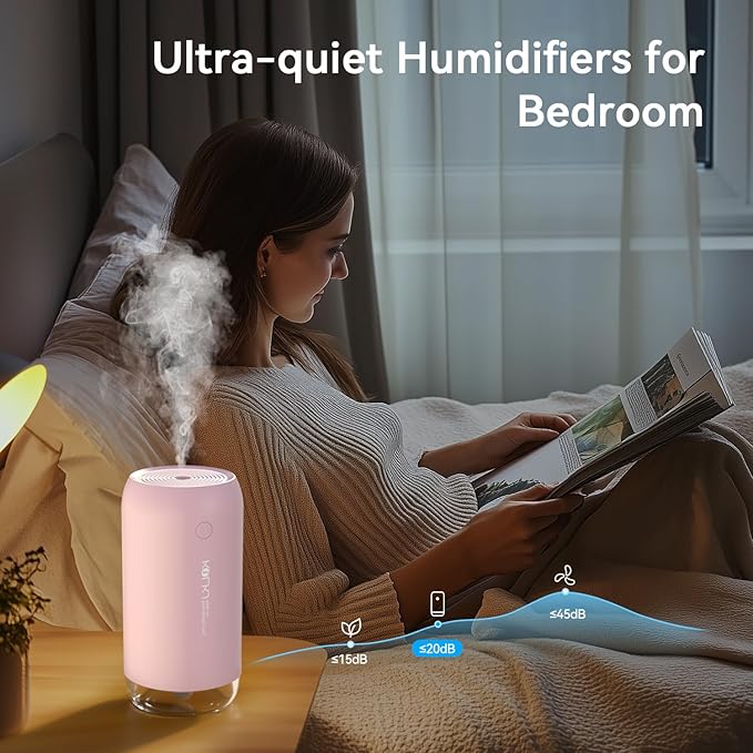 Portable Mini Humidifier, Small Cool Mist Humidifiers 350ml Quiet USB Personal Desktop Air Humidifier for Bedroom Home Plants Car Baby indoor Office with 2 Mist Modes Auto Shut-off（Pink)
