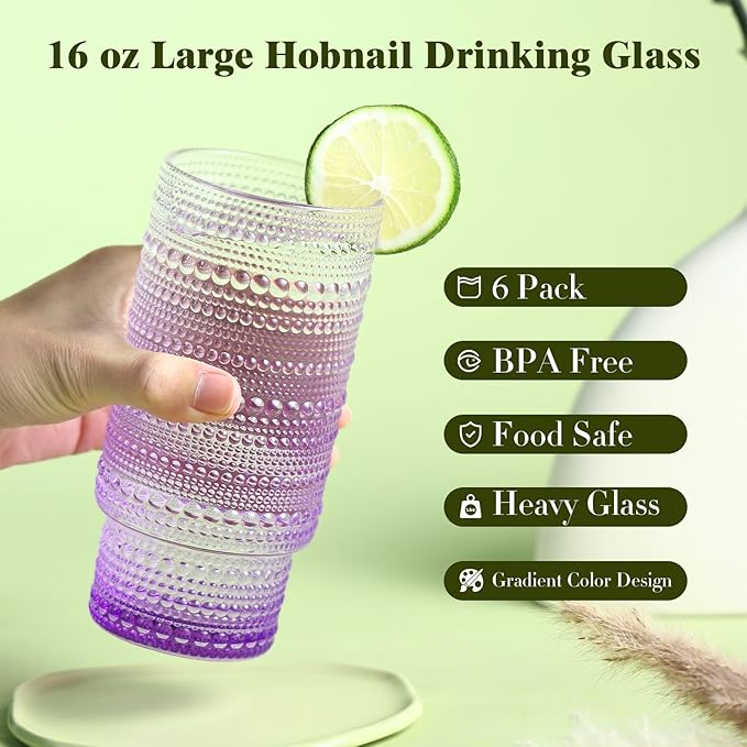 6pcs Hobnail Drinking Glasses Set, 16 oz Vintage Glassware Drinking Glasses, Gradual Purple Water Glasses Tumbler, Cups for Kitchen, Juice, Beer, Cocktail, Whiskey