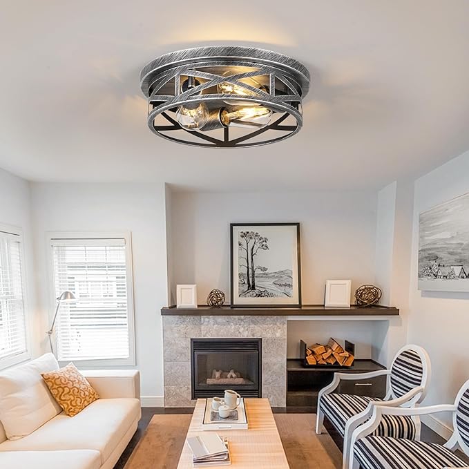 3-Light Cage Ceiling Light Fixtures, Farmhouse Close to Ceiling Lights, 13 Inch Black and Silver Metal Flush Mount Ceiling Lights for Bedroom, Living Room, Porch Kitchen Entrance