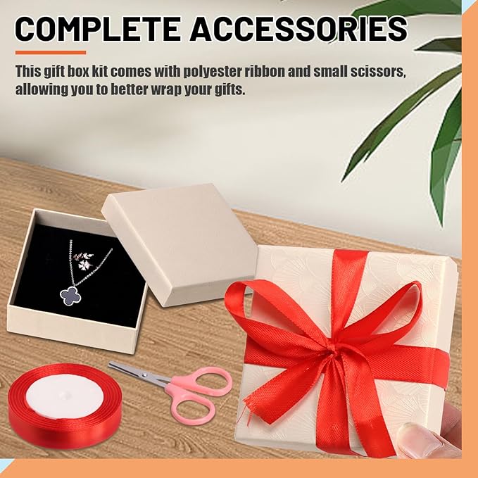 Tanstic 12Pcs Cardboard Jewelry Gift Boxes Kit, 3.5 x 3.5 x 1.2 Inch Beige Gift Boxes Cardboard Jewelry Boxes with 74ft Red Ribbon and Scissor for Rings, Necklaces, Earrings, Bracelets