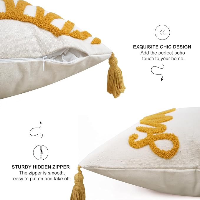 Merrycolor Boho Tufted Decorative Throw Pillow Covers 18x18 with Tassels Sunshine Bohemian Pillow Covers Cushion Covers for Couch Sofa Bedroom Living Room Yellow Beige 1PC