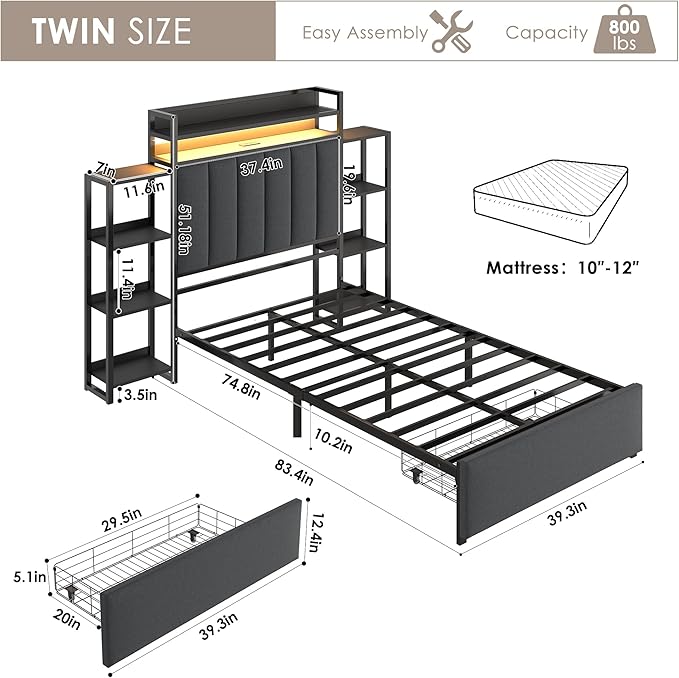 Keyluv Twin Bed Frame with Storage Headboard & Charging Station, Upholstered LED Platform Bed with Bedside Storage Rack & Drawer, Metal Slat Support, No Box Spring Needed, Linen Fabric, Black
