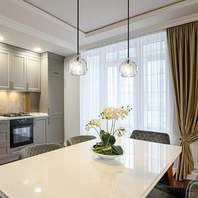 Brushed Nickel Pendant Light, Small Island Pendant Light Fixture for Kitchen, Modern Prism Crystal Single Pendant Hanging Light for Dining Room Bar