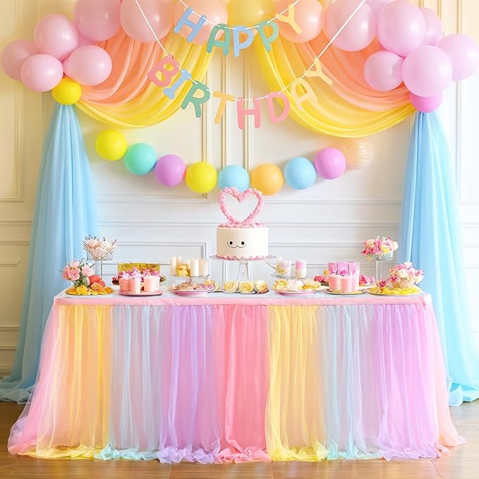 Suppromo Rainbow Table Skirt for Baby Shower Girl Birthday Party 9ft Tulle Tutu Table Skirt Decorations for Gender Reveal Unicorn Theme Party Decorations(L9(ft) H 30in, Rainbow)