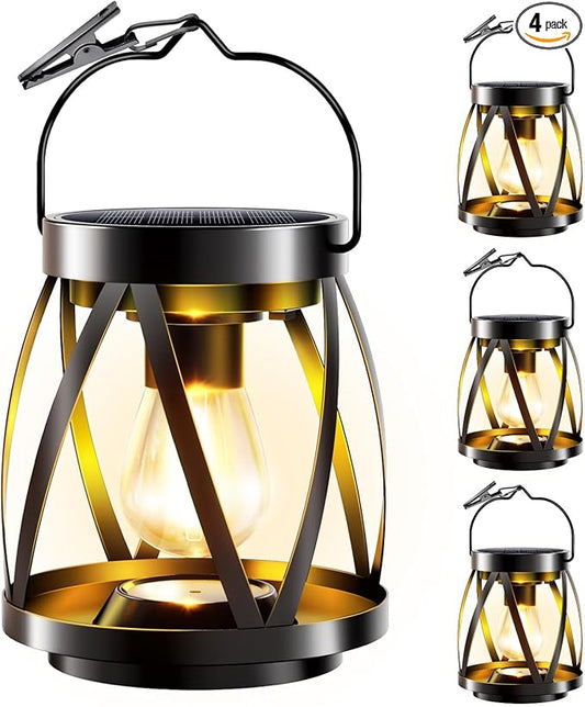 GARPAR Solar Lanterns Lights Outdoor Waterproof, 4 Pack Upgraded Metal Outdoor Lantern, Brighter Auto On/Off 18H Hanging Solar Lights for Outside Garden Yard Patio Porch Decor, Gift for Mom