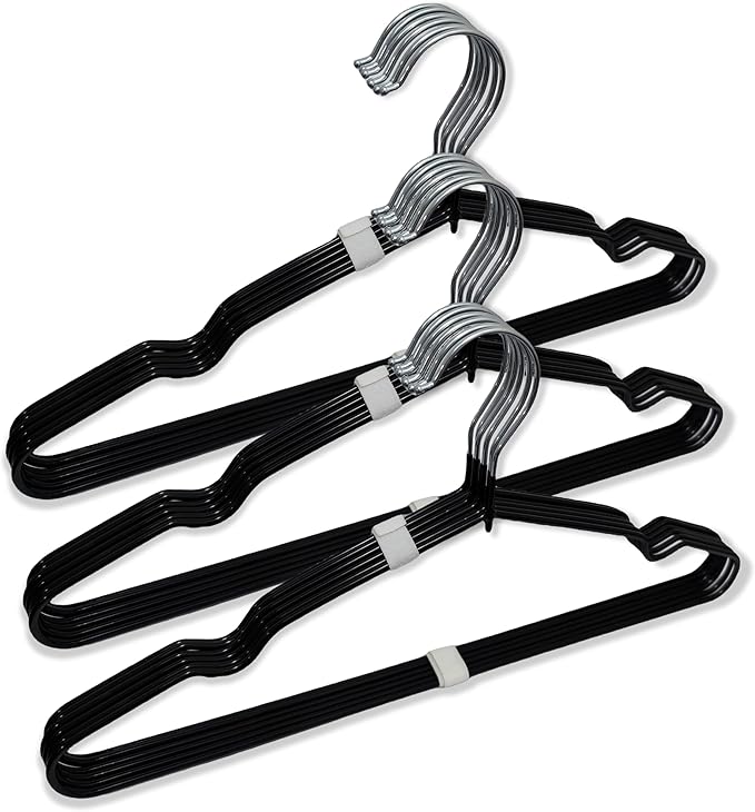 ‌Stainless Steel Heavy Duty Hangers - Non-Slip Rubber Coated, Space Saving Ultra Thin Design for Coats, Pants & Dresses (50 Pack, Black)