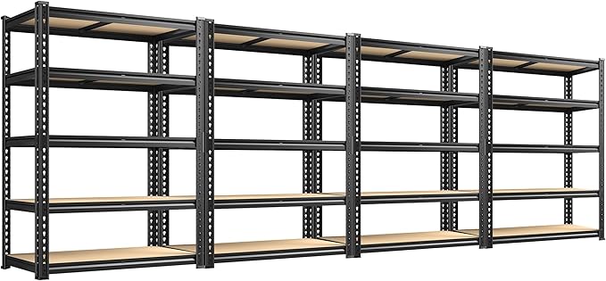 72.12" H Garage Shelving, Storage Shelves Load 2100LBS, 5-Tier Adjustable Shelving Unit with Thickened Wooden Boards for Multiple Scenarios, 72.12" H x 35.55" W x 11.85" D, Black, 4 Pack