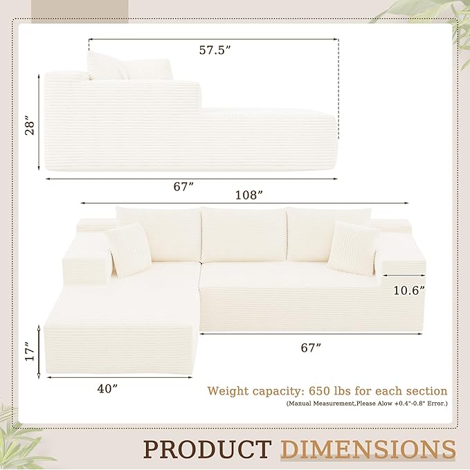 YESHOMY Sectional Couch, 108" Boneless Couches for Living Room, Modular Sectional Sofa with Deep Seat, Cloud Comfy Couch with L-Shape Chaise, No Assembly Required (Corduroy, Cream)