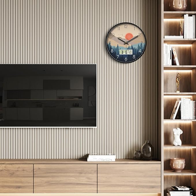 Silent Wall Clock with Day Week Temperature Wilderness with Sunset Non-ticking Battery Operated Large Digital Modern Clocks Display with Calendar and Date for Kitchen Farmhouse Bathroom Office 14 Inch