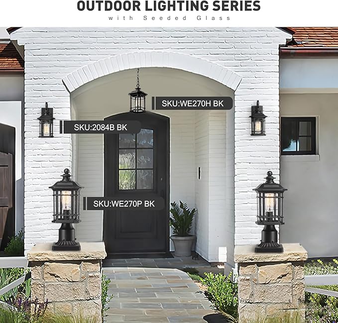 Emliviar Outdoor Wall Lantern Lights, 1-Light Exterior Wall Sconce Lamp, Black Finish with Clear Seeded Glass, 2084B BK