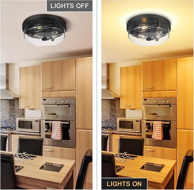 Flush Mount Ceiling Light with Clear Glass Shade, 3-Light Indoor Outdoor Farmhouse Lighting Flush Mount Lights for Kitchen Bedroom Porch Living Dining Room (Black)
